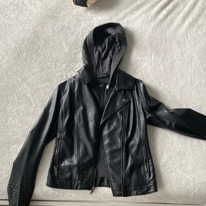 Hollister Black Leather Jacket with Grey Hood Size S